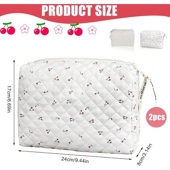 Set van 2 cosmetische reistassen, grote katoenen make-uptas, make-uptas met bloemen, gewatteerde toilettas, make-uptas voor dames, make-uptas, make-uptas voor op reis