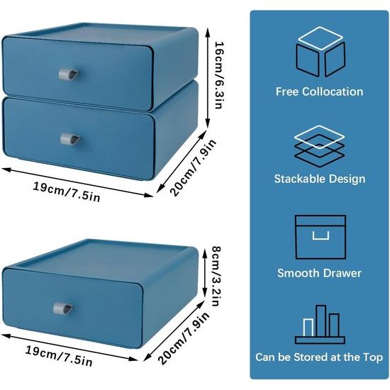 Stapelbare ladebox, stapelbare organizer voor make-up laden met grote capaciteit, 2 stuks (blauw) Stapelbare ladebox, stapelbare organizer voor make-up laden met grote capaciteit, 2 stuks (blauw)