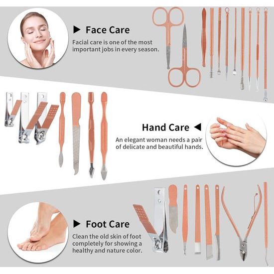 Manicure set, 26-delige professionele nagelknipper set, roestvrij staal nagelset gereedschap voor manicure en pedicure, nagelriemreiniging, geavanceerd ontwerp met ritssluiting, roze