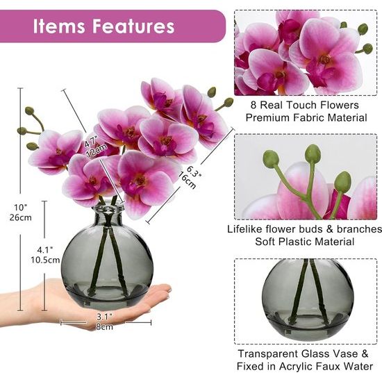 2 x Artificial Orchids Pink with Black Glass Vase, Artificial Plant Decor Orchids Artificial Flowers in Vase with Real Touch Flowers, Fake Orchids Artificial Bonsai for Hotel, Living Room, Office,