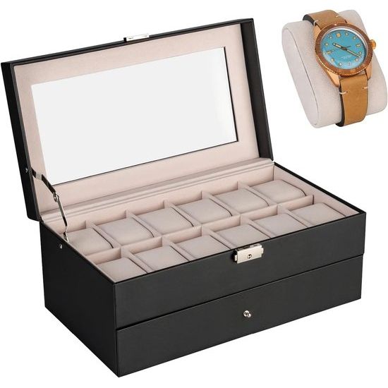 Sieradendoos en horlogedoos, zwart - 12 horloges opbergdoos en sieradenopslag, opslaghorloges dames en heren horlogedoos 12 horloges (beige)