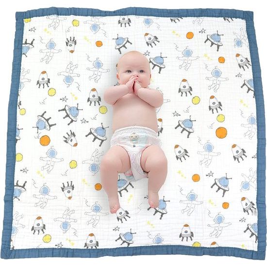 deken, 6-laags knuffeldeken, babykatoen, 110 x 110 cm,babydeken, luierdeken, zachte deken voor badhanddoek, kinderdeken voor pasgeborenen, uniseks (blauw astronaut)