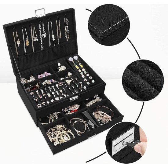 Sieradendoos, sieradenkistje met schuifladen voor dames en meisjes, fluwelen sieradendoosje, grote sieradenorganizer voor ringen, oorbellen, armbanden, halskettingen, zwart