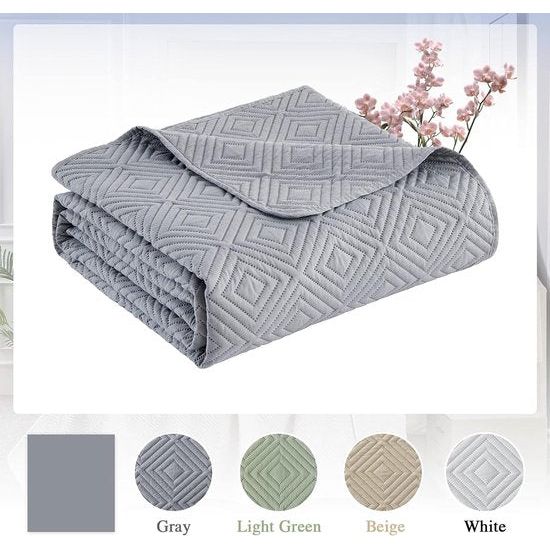 , sprei voor op de bank, sprei voor op het bed, 180 x 220 cm, grijs, gemaakt van microvezel, inclusief een set met 1 kussensloop van 50 x 75 cm, gestikt dekbed met 3D-ultrasjaal, beddensprei.