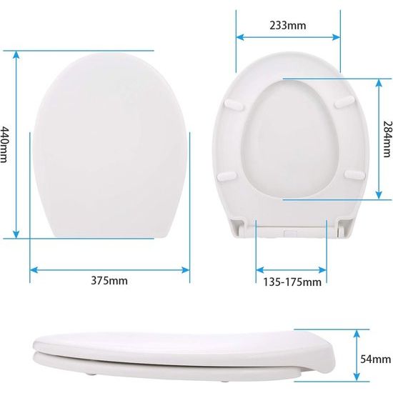 Toiletdeksel, toiletbril met softclose-mechanisme, snelontgrendelingsfunctie voor eenvoudige installatie en reiniging, O-vormige toiletbril met verstelbaar roestvrijstalen scharnier, wit (440x375x54mm)