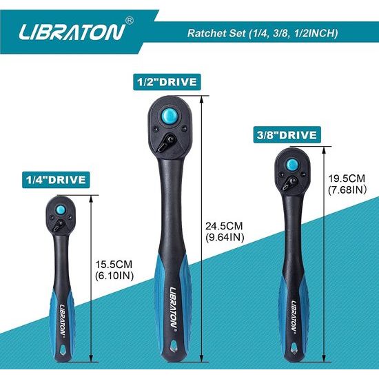 Omschakelratelaandrijving, 72 tanden ratelgreep met snelspanner, 3-delige 1/4" 3/8" 1/2" ratelset met drukknopactivering en omschakelhendel