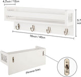 Houten wandrek voor organizer, keuken, kruidenrek, wandrek met 4 haken voor sleutelplank, opbergruimte, badkamer, boekenkast van hout voor slaapkamer, wanddecoratie, kantoor en huishouden. (wit)