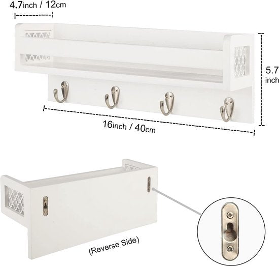 Houten wandrek voor organizer, keuken, kruidenrek, wandrek met 4 haken voor sleutelplank, opbergruimte, badkamer, boekenkast van hout voor slaapkamer, wanddecoratie, kantoor en huishouden. (wit)
