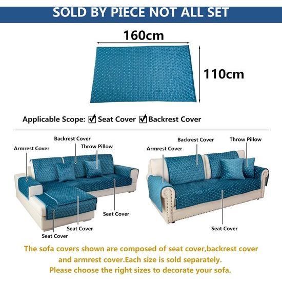 Bankhoes, 3-zits, anti-slip bankovertrek voor L-vorm, chaise longue, hoekbank, 2-zits, hoezen, woonkamer, stoel, honden huisdieren, blauw, 110 x 160 cm (slechts 1 stuk)