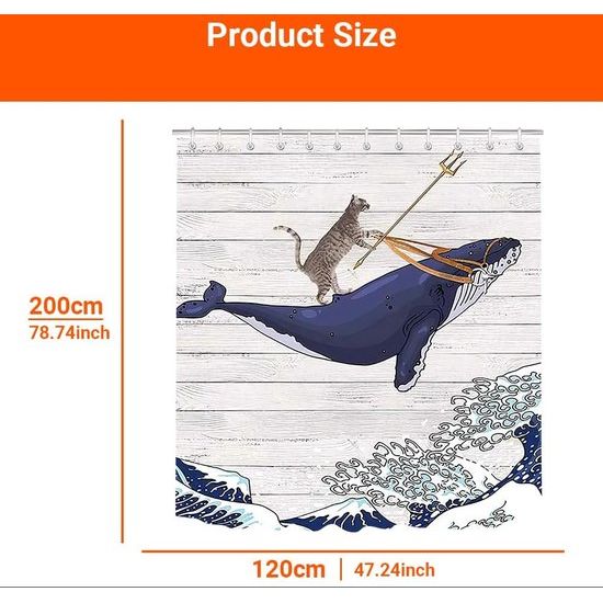 Shower Curtain, 120 x 200 cm, Cats and Dolphins, Weighted Hem, Anti-Mould Textile, Water-Repellent, Washable Polyester Bath Curtains with 8 Eyelets and Shower Curtain Rings for Bathroom,