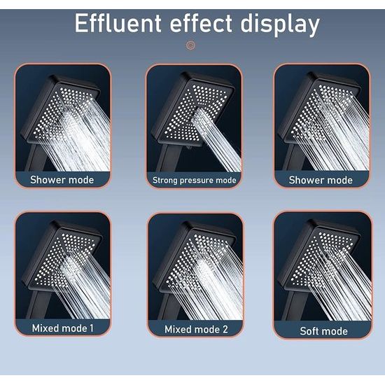 Handdouche, douchekop, waterbesparend, 6 straalsoorten, vierkante douche, regendouche, waterbesparende douchekop met drukverhoging voor hogere waterdruk, spaardouchekop (zwart)