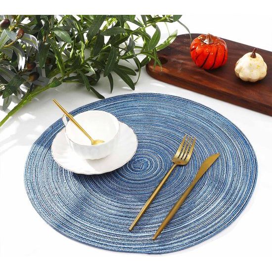 Set van 6 placemats wasbaar rond blauwe placemats rond gevlochten hittebestendige placemats rond wasbare vuilafstotende placemats voor bruiloft, restaurant, keuken, feest