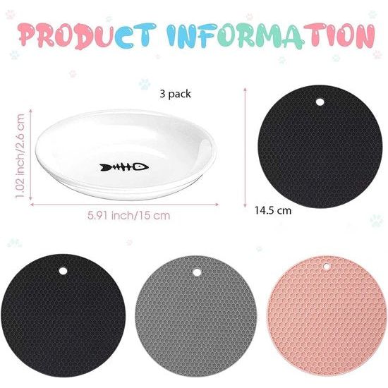 Voederbak voor katten, keramiek, 3 stuks brede platte kattenvoerborden, met 3 antislip matten, voederbak, kattenbak, antislip set, platte schalen voor kittens en kleine dieren