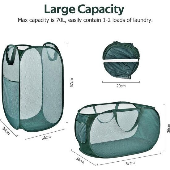 Opvouwbare wasmand, 2 stuks, 70 liter, pop-up wasmand, inklapbaar, groot met mesh, 36 x 36 x 58 cm, laundry manden met handgrepen, opvouwbare stoffen mand, statiegeldflessen, verzamelbak