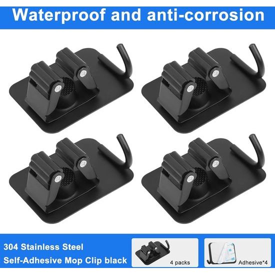 Bezemhouder, wandhouder, zelfklevend, bezemhouder, tuingereedschaphouder enz., voor binnen- en buitenlichaam, roestvrij staal, onafhankelijke doorn met haken (4 stuks), zwart