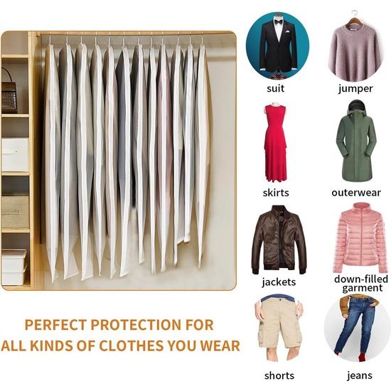 12 stuks kledingzakken, 60 x 100 cm, afdekking met ritssluiting aan de zijkant, stofdicht en waterdicht, voor overhemden, pakken, mantels