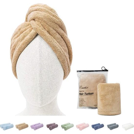 Enetix 2 Pack Microfiber Haardrogende Handdoek Wrap voor Vrouwen, 25 × 70 cm, Super Absorberend Anti-Frizz Haar Tulband, Rapid Droog Haar Handdoeken met Knop, Khaki