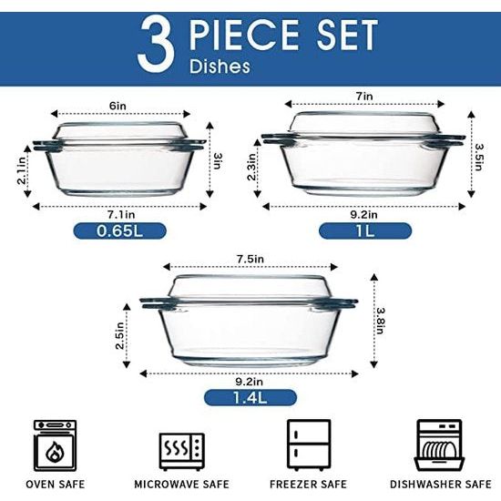 Heldere ronde glazen ovenschaal met dekseldeksel-glazen ovenschotels, bakproducten met glazen deksel, glazen ovenschaal (set 3-0,65 l + 1,4 l)