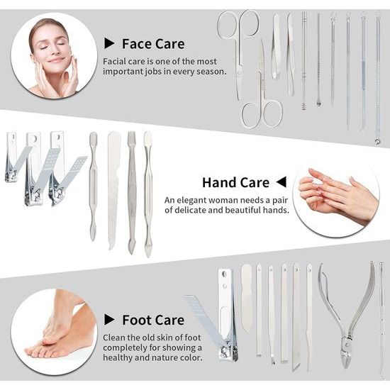 Manicure set, 26-delige professionele nagelknipper set, roestvrij staal, gereedschap voor manicure en pedicure, nagelriemreiniging, geavanceerd ontwerp met ritssluiting, bruin