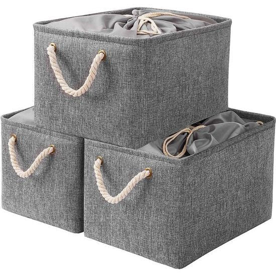 Set van 3 opbergdozen met deksel 42 x 32 x 26 cm stoffen opvouwbare dozen met trekkoord deksel en 2 handvatten stoffen doos Cube grijs