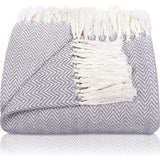 Premium sprei met franjes, 100% katoen, 180 x 240 cm, visgraatpatroon, zomerdeken, katoenen deken als bedsprei, bankdeken, grijs