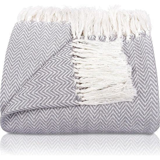 Premium sprei met franjes, 100% katoen, 180 x 240 cm, visgraatpatroon, zomerdeken, katoenen deken als bedsprei, bankdeken, grijs