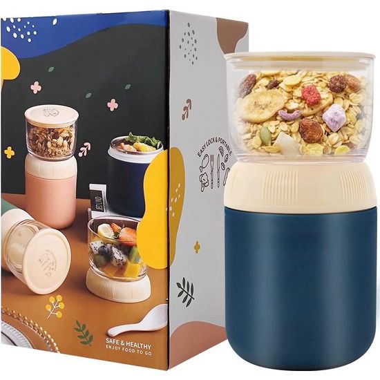 Mueslibeker To Go beker 300 + 400 ml lunchpot yoghurtbeker koffiebeker lekvrij soephouder plastic beker voor kinderen kantoormedewerkers ontbijt werk school picknick reizen blauw