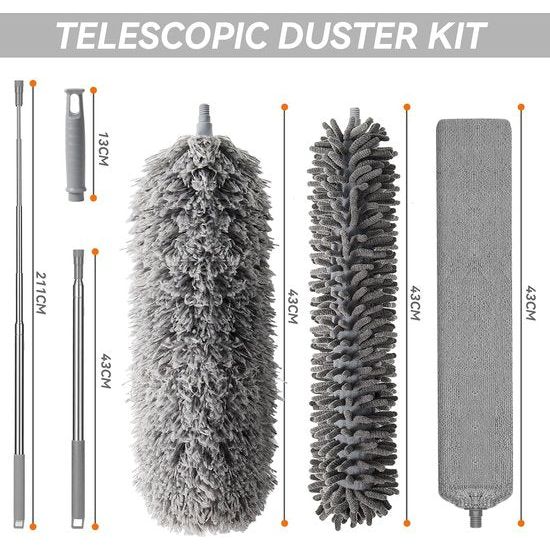 Telescoopstofdoek Wasbaar voor plafond met telescoopstang, Microvezelstofdoek Hoekbezem Max. Lange 55-254 cm stofbezem met telescoop voor hoge plafonds plafondventilator spinnenwebben (7 grijs)