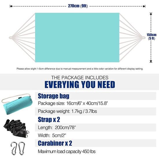 Hangmat voor buiten, katoen, 210 x 150 cm, belastbaar tot 200 kg, Turquoise