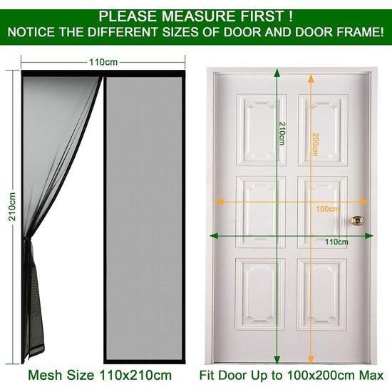 Verdikte vliegenhordeur, muggenhordeur, magnetisch gordijn, insectenbescherming voor balkondeur, kelderdeur en terrasdeur, eenvoudige zelfklevende installatie, boren niet nodig, kleur zwart, 110 x 210 cm