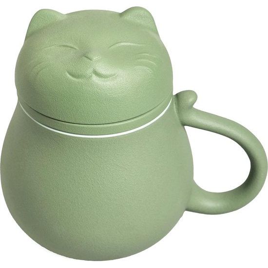 Keramische theemok met theezeef en deksel, theemok met schattig kattendesign, filter voor het weken van losse bladeren, cadeau voor vakantie, verjaardag, warm huis (groen)