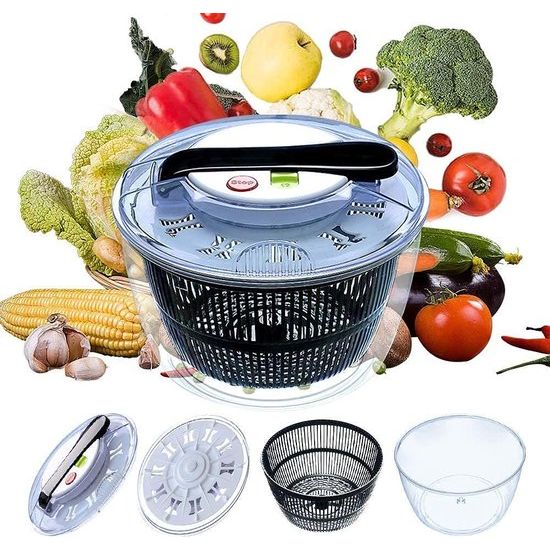 Saladecentrifuge, 5L handmatige slacentrifuge & Fruit Groente Wasdroger met Veilig Dekselslot & Draaigreep, smakelijkere salades en snellere voedselbereiding