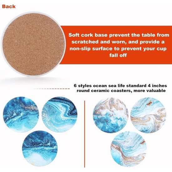 6 Pieces Round Absorbent Ceramic Coasters with Holder, Cork Base, Drink Coasters, Non-Slip Drink Coasters, Marble Theme for Housewarming, Kitchen, Room, Bar, Decoration