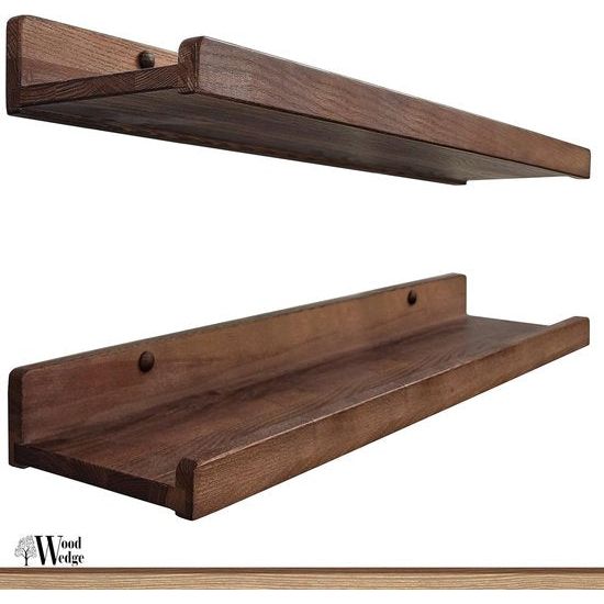 Houten Wig Set van 2 zwevende wandplanken, rustieke houten rekken met lip, kinderboekenplanken, foto- en fotorek voor slaapkamer, woonkamer, badkamer, keuken, kantoor (walnoot, Amerikaans, 60 cm)