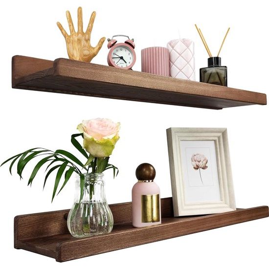 Houten Wig Set van 2 zwevende wandplanken, rustieke houten rekken met lip, kinderboekenplanken, foto- en fotorek voor slaapkamer, woonkamer, badkamer, keuken, kantoor (walnoot, Amerikaans, 60 cm)