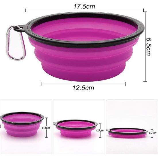 Grote hondenbak, opvouwbaar, 1000 ml, opvouwbare hondenvoerbakken, draagbare hondenwatervoerbak met sluiting, huisdieren-kattenvoerbeker voor reizen, wandelen (blauw + paars)