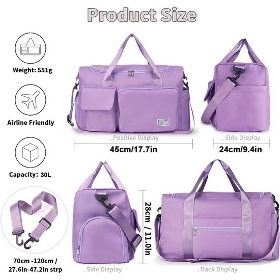 35L damessporttas opvouwbare reistas met schoenenvak en natvak, waterafstotend weekendtas gym reistas handbagage trainingstas voor dames heren paars