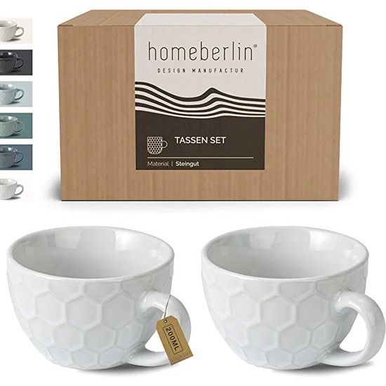 HOMEBERLIN® design cappuccino kopset | Koffiekopje van hoogwaardig steengoed | 200ml | Extra dikwandige mok | Moderne koffiekopjesset, 100% handgemaakt