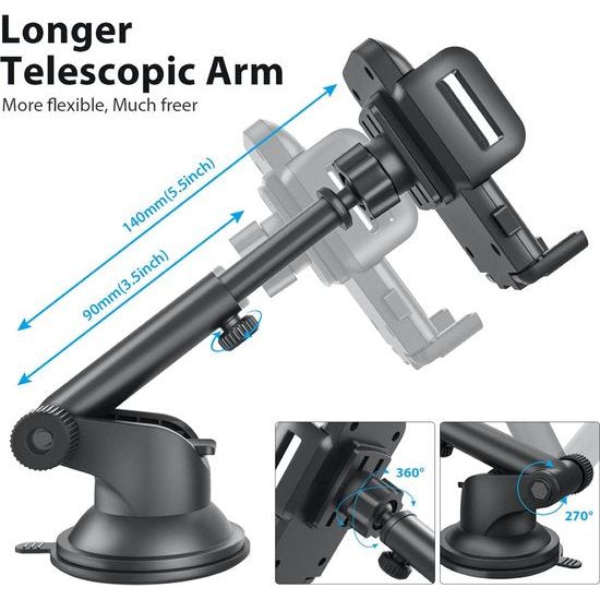 GVTECH Autotelefoonhouder voor mobiele telefoon, dashboard-voorruit-telefoonhouder, universele autohouder, 360° draaibaar, uittrekbare arm, one-knop-ontspanningsstandaard voor iPhone 11 12 Pro Max XS Xr X