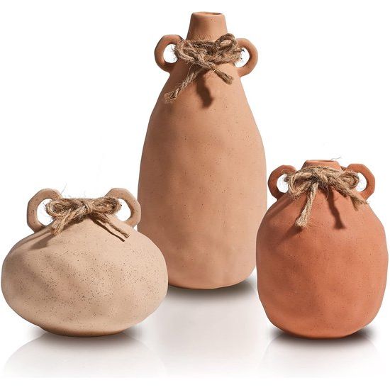 Terracotta vaas met handgrepen voor herfstdecoratie, set van 3 decoratieve vazen ​​in boho-stijl, rustieke bloemenvaas voor schoorsteenmantel, tafel, woonkamer, 20,3/10,2/7,6 cm hoog