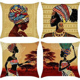 Set van 4 kussenslopen, Afrikaanse vrouwen, 45 x 45 cm, etnische stammen, polyester, linnen, decoratieve kussenovertrekken voor bank, slaapkamer, woonkamer, auto, woondecoratie