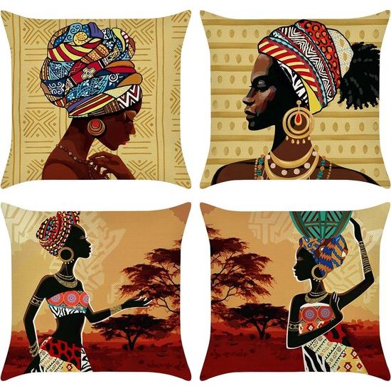 Set van 4 kussenslopen, Afrikaanse vrouwen, 45 x 45 cm, etnische stammen, polyester, linnen, decoratieve kussenovertrekken voor bank, slaapkamer, woonkamer, auto, woondecoratie