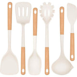 6-delige set kookgerei, van siliconen, hittebestendig, met houten handvat, anti-aanbaklaag, BPA-vrij, kookgerei, vaatwasmachinebestendig, inclusief spatel, lepel, pastamper (wit)