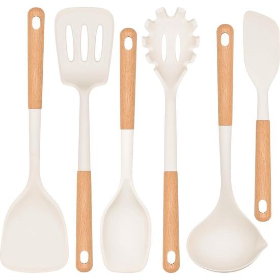 6-delige set kookgerei, van siliconen, hittebestendig, met houten handvat, anti-aanbaklaag, BPA-vrij, kookgerei, vaatwasmachinebestendig, inclusief spatel, lepel, pastamper (wit)