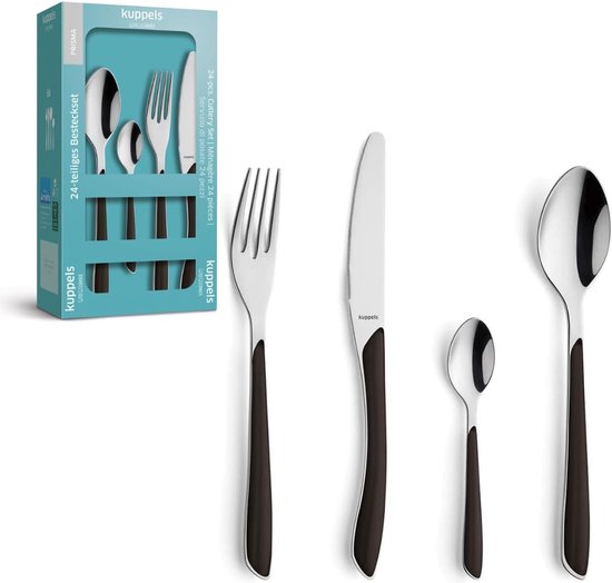 Bestekset voor 6 personen, 24-delig, campingbestekset voor 6 personen, bestek met kunststof handgrepen in zwart, eetbestek, vaatwasmachinebestendig