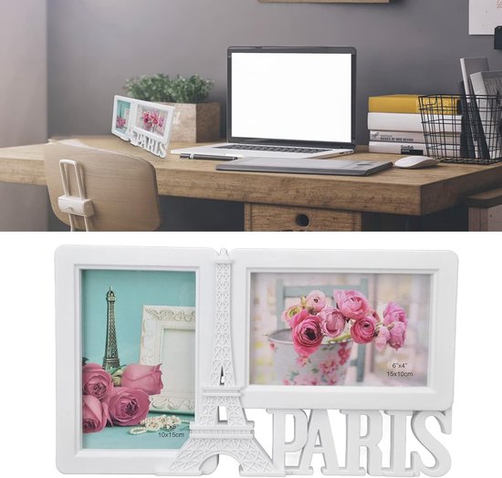 10,2 x 15,2 cm dubbele fotolijst, Eiffeltoren, bureaufotolijst, verticale en horizontale opening, moderne fotolijst, bureaulijst voor foto's
