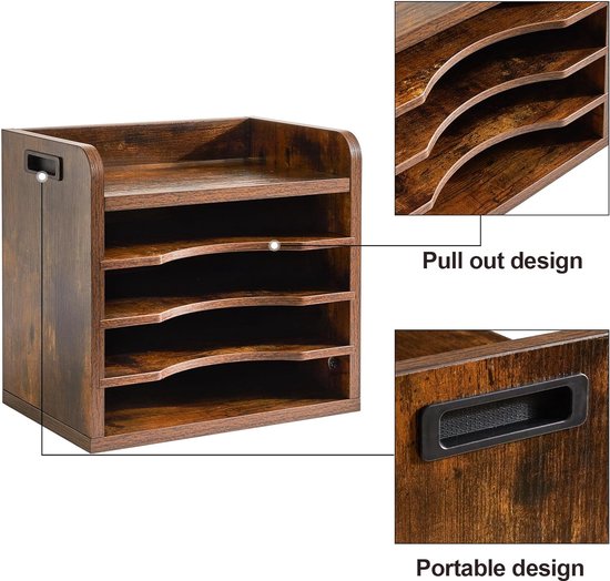 Houten bureaublad, 4 niveaus in het vak, A4-formaat, archiefhouder, magazijn, organizer, papieropslag, kantoor, bureau, netjes aktenhouder, rek, bruin