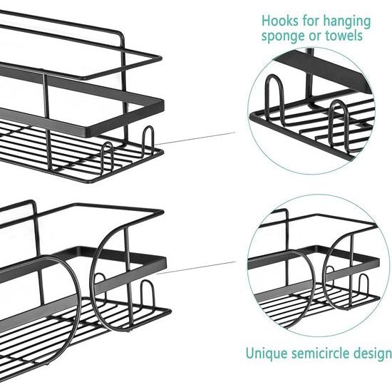 Shower Shelf, Shower Basket, No Drilling, Shower Shelf, Black, Storage Shelf, Wall Mounted Organiser, with Fixed 8 Hooks for Bathroom, Kitchen, Pack of 2