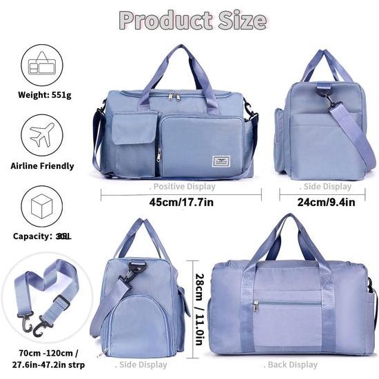 35L damessporttas opvouwbare reistas met schoenenvak en natvak, waterafstotend weekendtas gym reistas handbagage trainingstas voor dames heren blauw