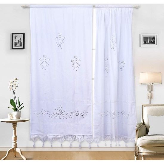 Linnen katoen borduurwerk keuken gordijn, cafe gordijn, eetkamer gordijn met gehaakte tassel rand (wit 70x150cm set van 2)